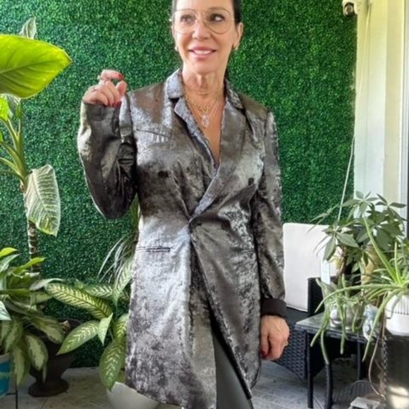 BCBG Maxazria Metallic Grey Blazer Jacket Shirt Dress Tailored Fashion Designer - Picture 1 of 7